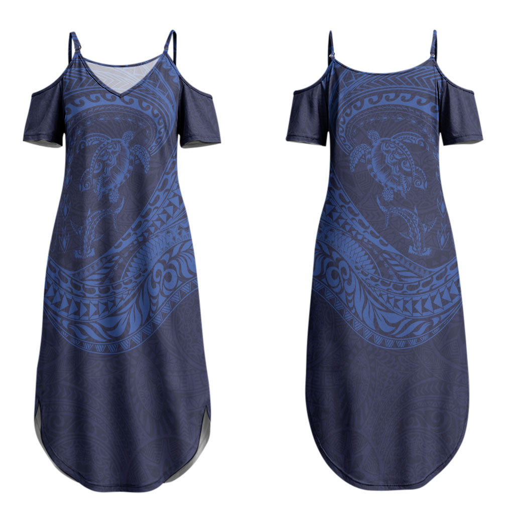 Hawaiian Turtle and Shark Couples Matching Summer Maxi Dress and Hawaiian Shirt Kakau Tribal with Polynesian Pattern Blue Color