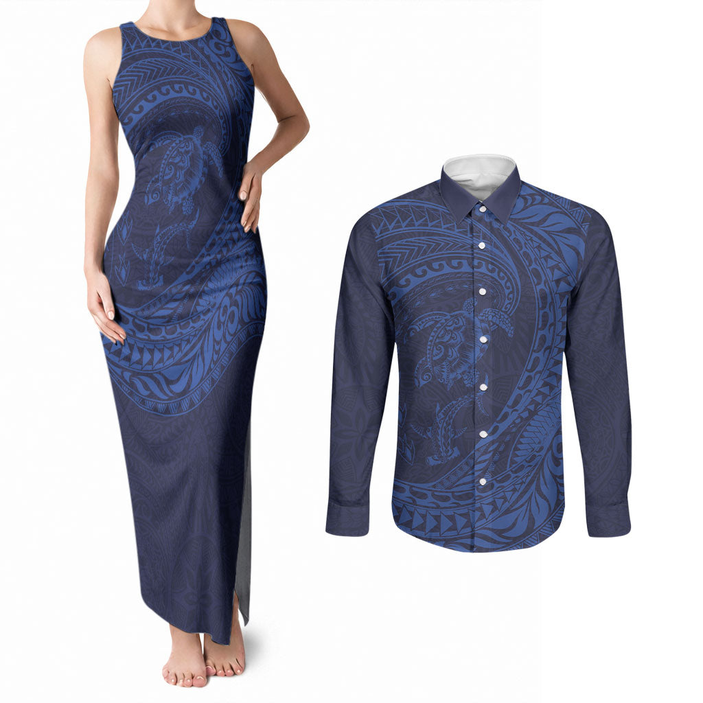 Hawaiian Turtle and Shark Couples Matching Tank Maxi Dress and Long Sleeve Button Shirt Kakau Tribal with Polynesian Pattern Blue Color