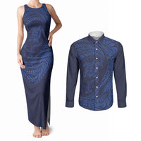 Hawaiian Turtle and Shark Couples Matching Tank Maxi Dress and Long Sleeve Button Shirt Kakau Tribal with Polynesian Pattern Blue Color