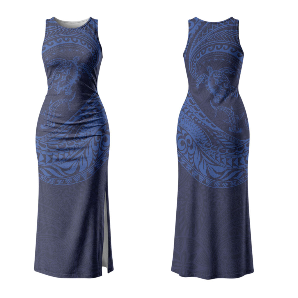 Hawaiian Turtle and Shark Couples Matching Tank Maxi Dress and Long Sleeve Button Shirt Kakau Tribal with Polynesian Pattern Blue Color