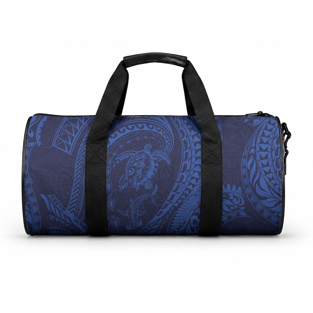 Hawaiian Turtle and Shark Duffle Bag Kakau Tribal with Polynesian Pattern Blue Color
