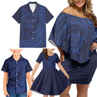 Hawaiian Turtle and Shark Family Matching Off Shoulder Short Dress and Hawaiian Shirt Kakau Tribal with Polynesian Pattern Blue Color