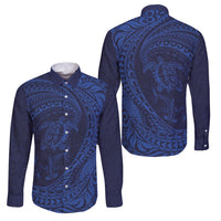 Hawaiian Turtle and Shark Family Matching Off Shoulder Short Dress and Hawaiian Shirt Kakau Tribal with Polynesian Pattern Blue Color
