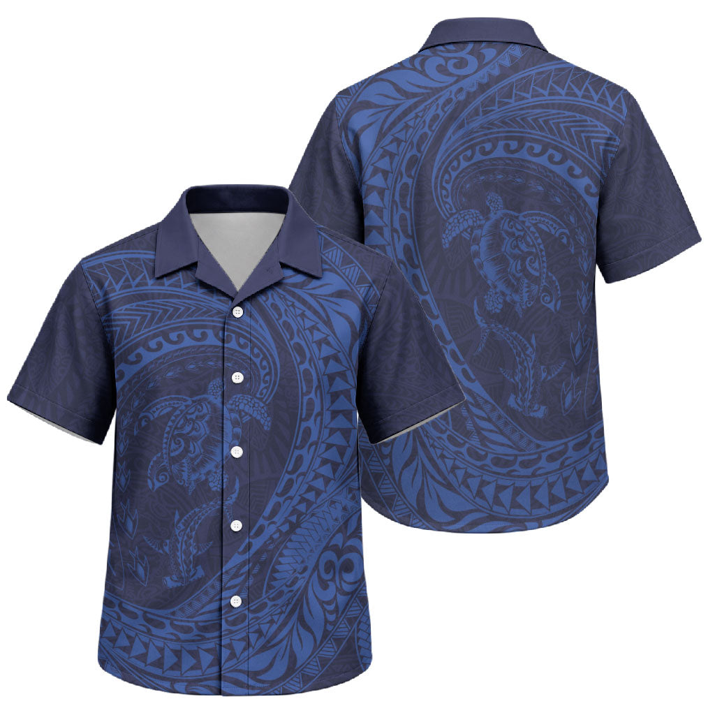 Hawaiian Turtle and Shark Family Matching Off Shoulder Short Dress and Hawaiian Shirt Kakau Tribal with Polynesian Pattern Blue Color