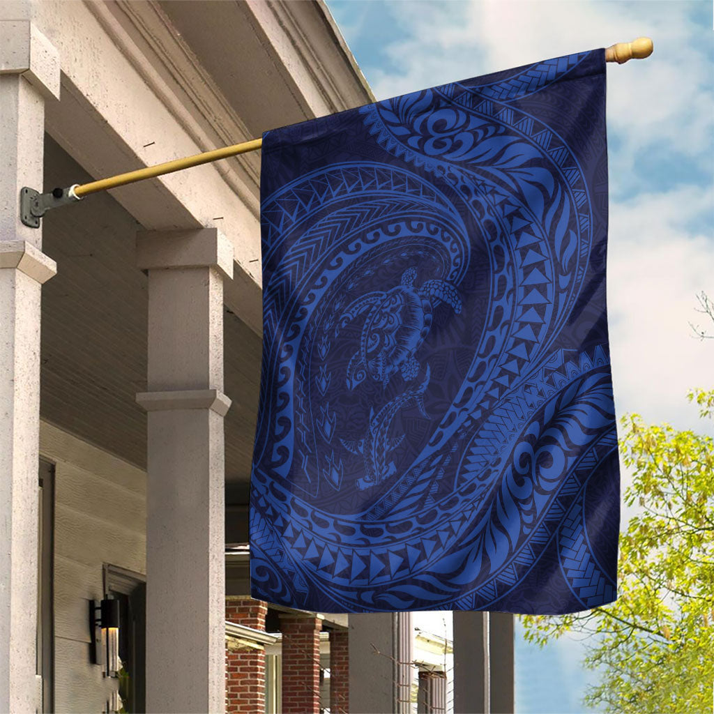 Hawaiian Turtle and Shark Garden Flag Kakau Tribal with Polynesian Pattern Blue Color