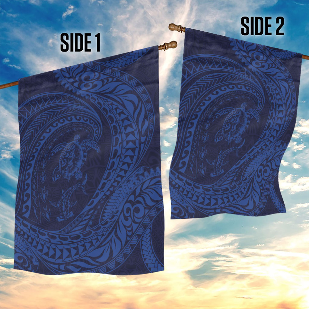 Hawaiian Turtle and Shark Garden Flag Kakau Tribal with Polynesian Pattern Blue Color