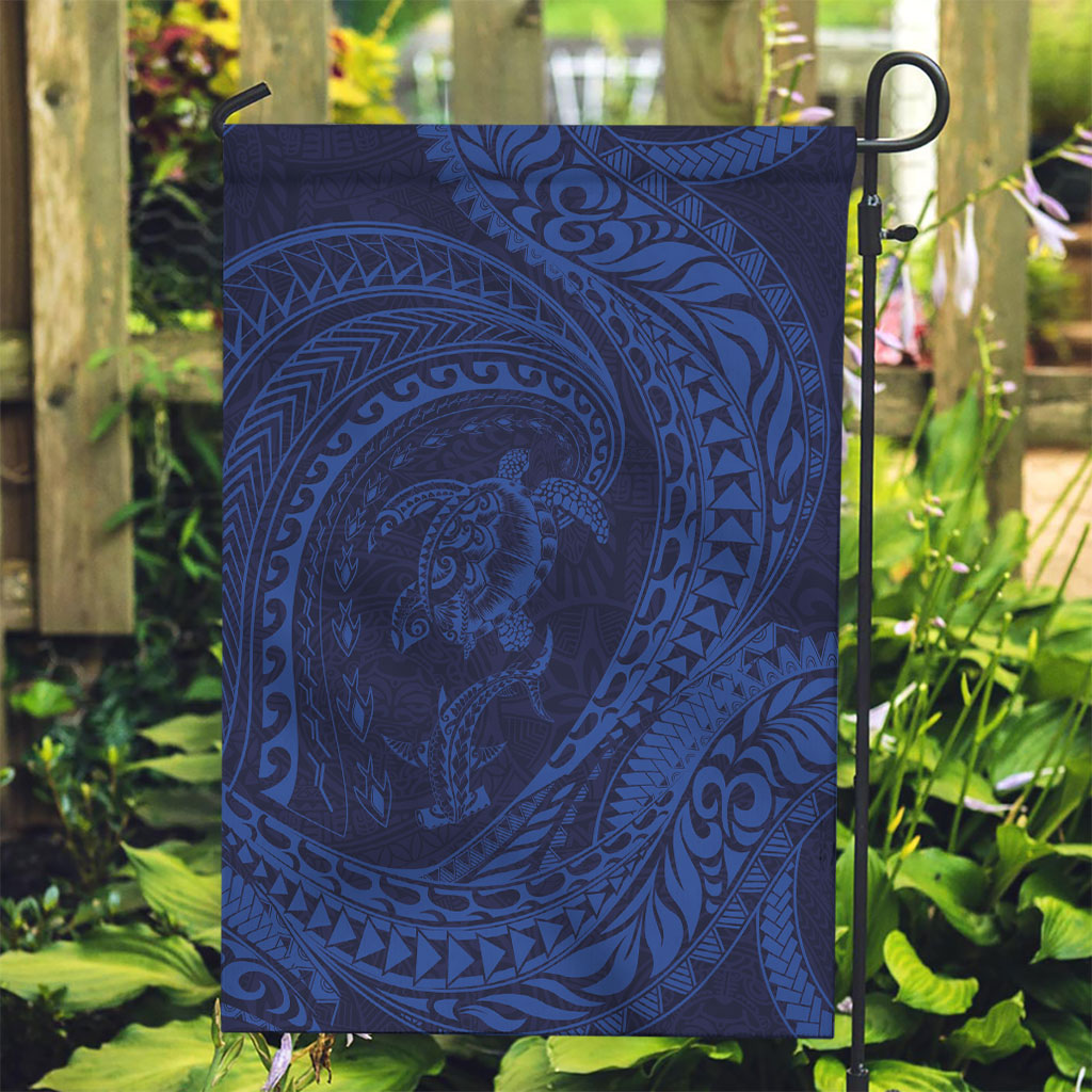 Hawaiian Turtle and Shark Garden Flag Kakau Tribal with Polynesian Pattern Blue Color