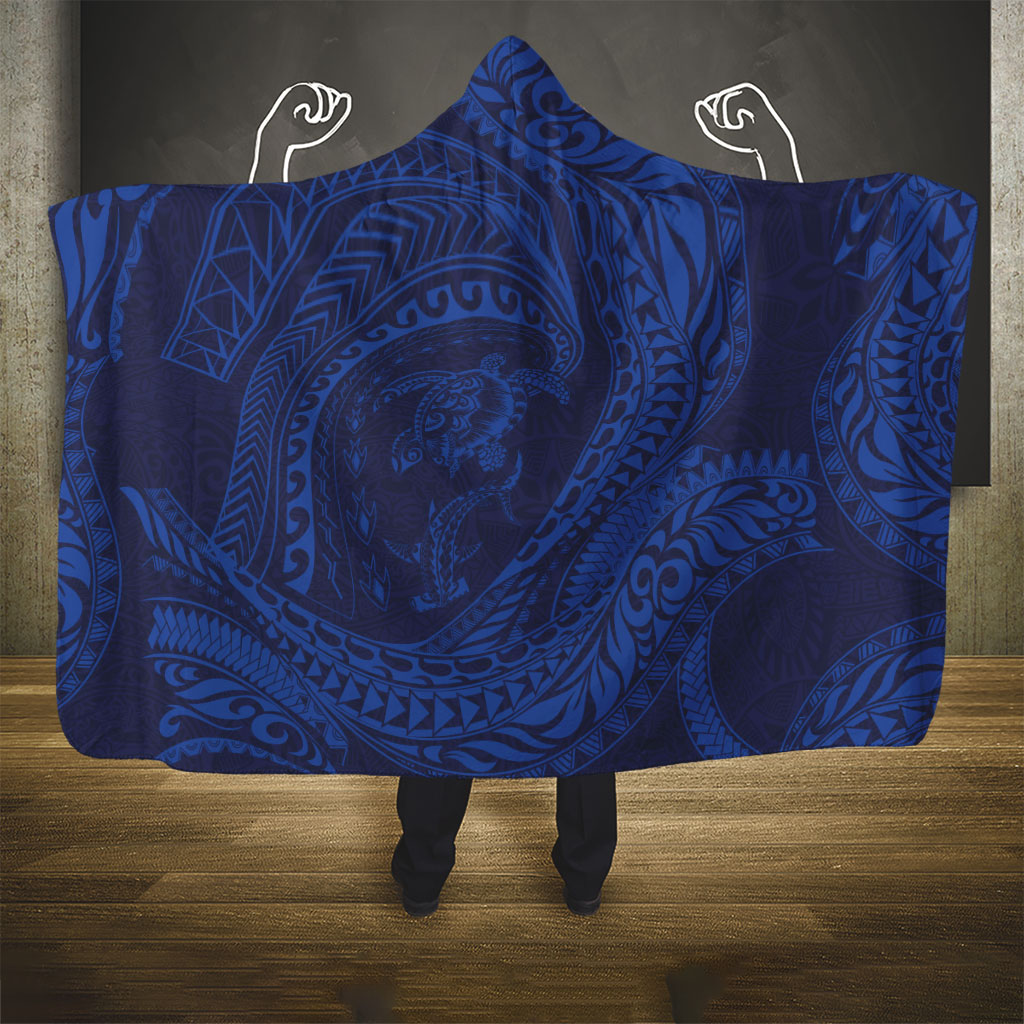 Hawaiian Turtle and Shark Hooded Blanket Kakau Tribal with Polynesian Pattern Blue Color