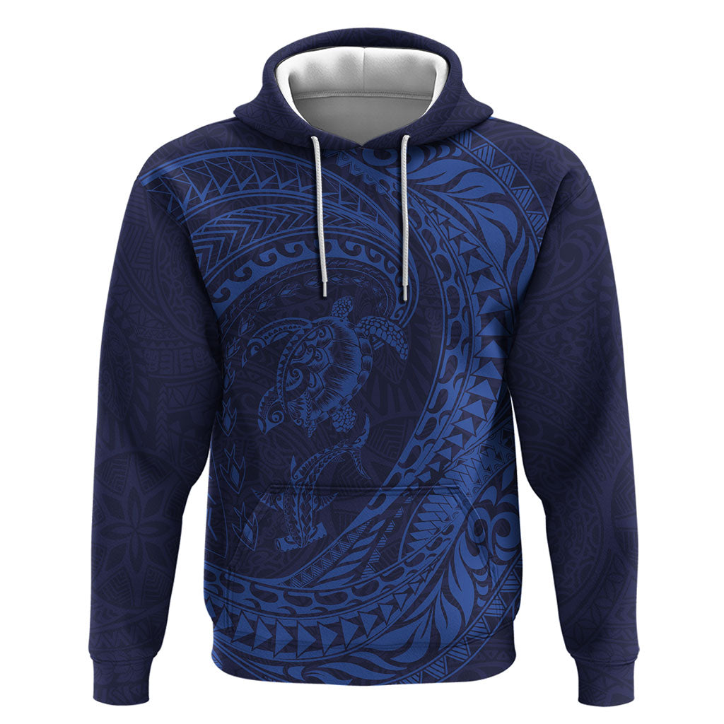 Hawaiian Turtle and Shark Hoodie Kakau Tribal with Polynesian Pattern Blue Color LT03 Pullover Hoodie Blue - Polynesian Pride