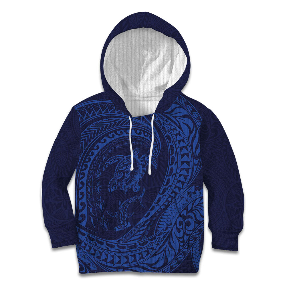 Hawaiian Turtle and Shark Kid Hoodie Kakau Tribal with Polynesian Pattern Blue Color