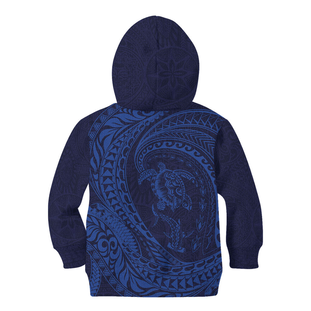Hawaiian Turtle and Shark Kid Hoodie Kakau Tribal with Polynesian Pattern Blue Color