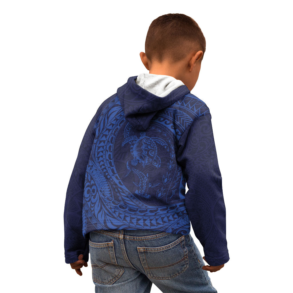 Hawaiian Turtle and Shark Kid Hoodie Kakau Tribal with Polynesian Pattern Blue Color