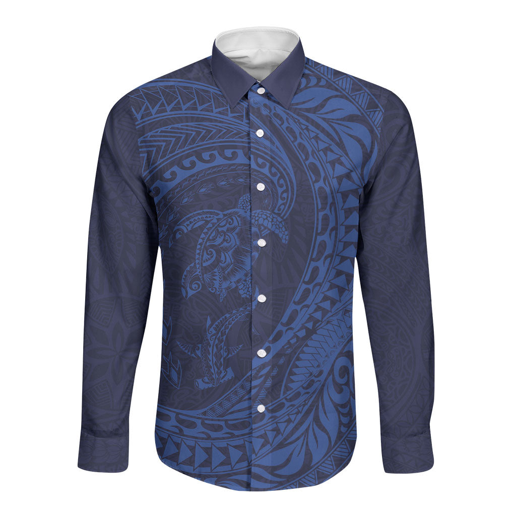 Hawaiian Turtle and Shark Long Sleeve Button Shirt Kakau Tribal with Polynesian Pattern Blue Color