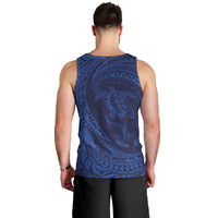 Hawaiian Turtle and Shark Men Tank Top Kakau Tribal with Polynesian Pattern Blue Color