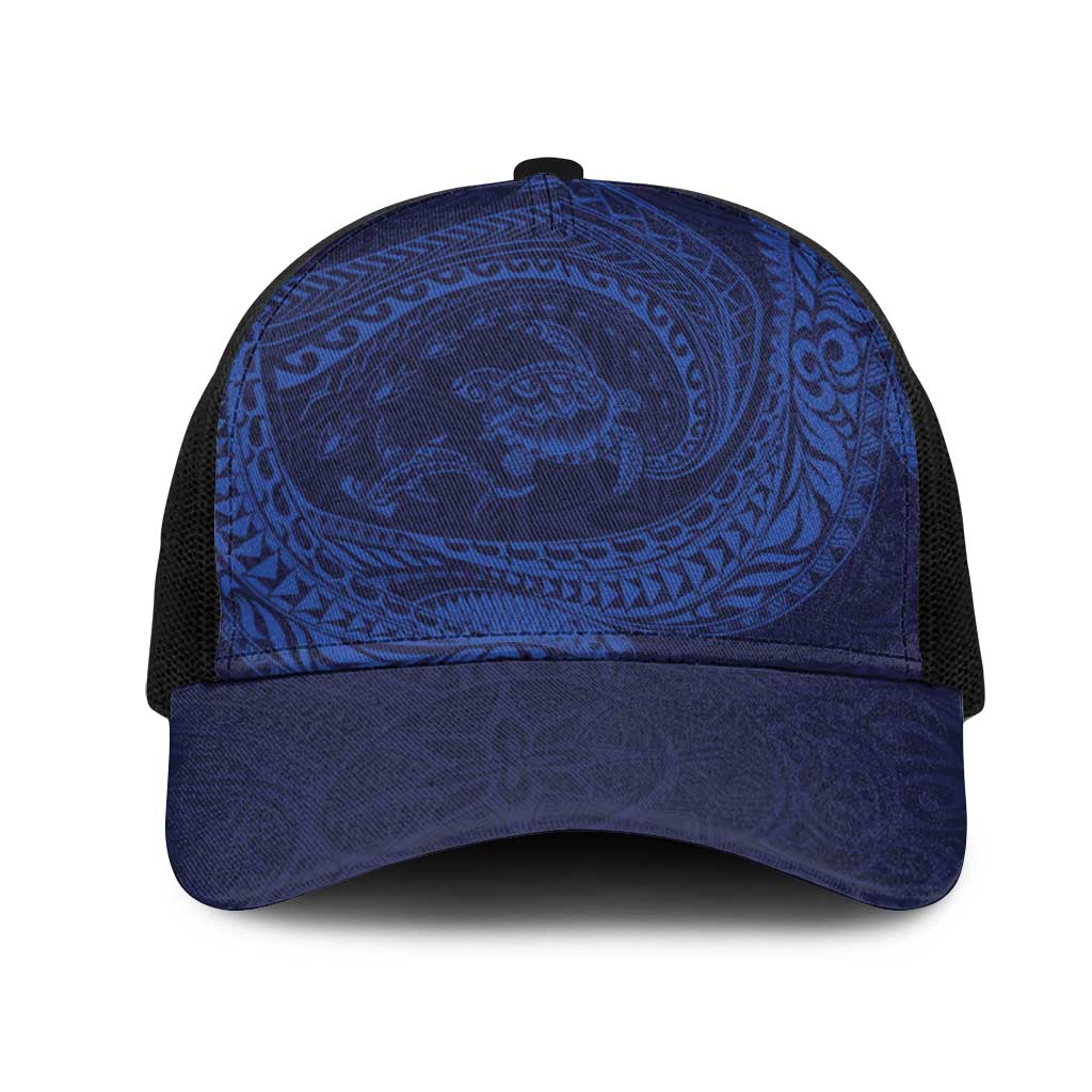 Hawaiian Turtle and Shark Mesh Trucker Cap Kakau Tribal with Polynesian Pattern Blue Color