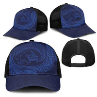 Hawaiian Turtle and Shark Mesh Trucker Cap Kakau Tribal with Polynesian Pattern Blue Color