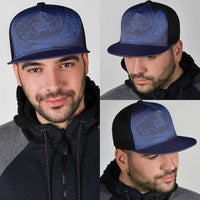 Hawaiian Turtle and Shark Mesh Trucker Cap Kakau Tribal with Polynesian Pattern Blue Color