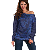 Hawaiian Turtle and Shark Off Shoulder Sweater Kakau Tribal with Polynesian Pattern Blue Color