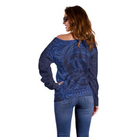 Hawaiian Turtle and Shark Off Shoulder Sweater Kakau Tribal with Polynesian Pattern Blue Color