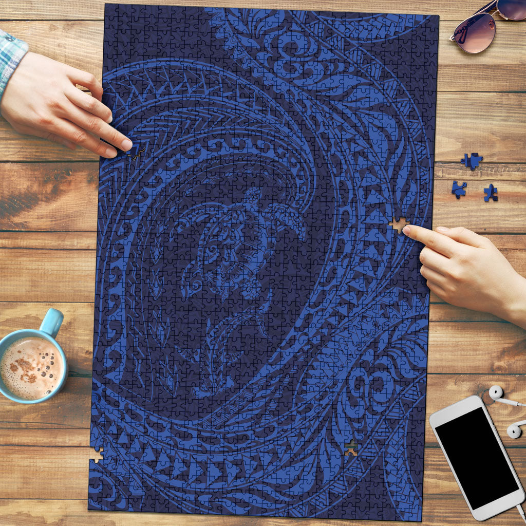 Hawaiian Turtle and Shark Puzzle Kakau Tribal with Polynesian Pattern Blue Color