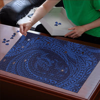 Hawaiian Turtle and Shark Puzzle Kakau Tribal with Polynesian Pattern Blue Color