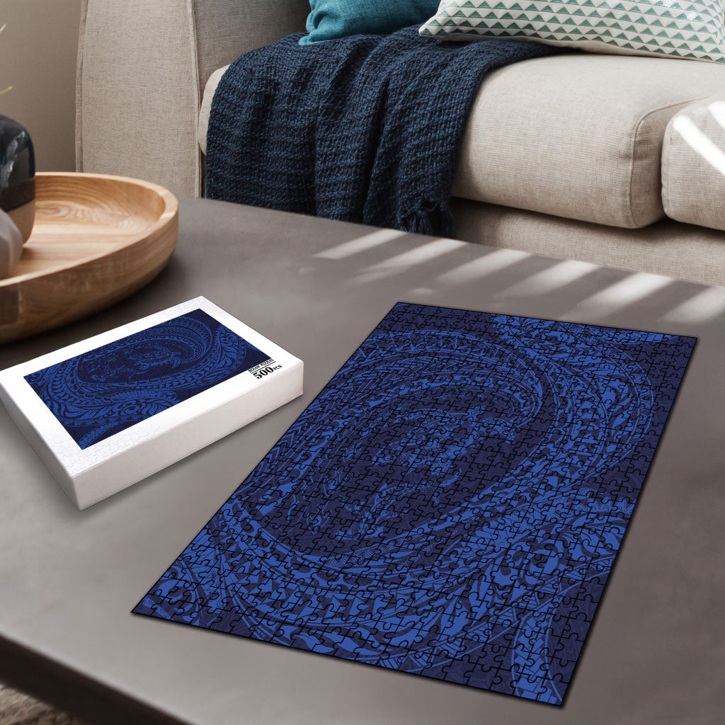 Hawaiian Turtle and Shark Puzzle Kakau Tribal with Polynesian Pattern Blue Color