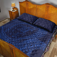 Hawaiian Turtle and Shark Quilt Bed Set Kakau Tribal with Polynesian Pattern Blue Color