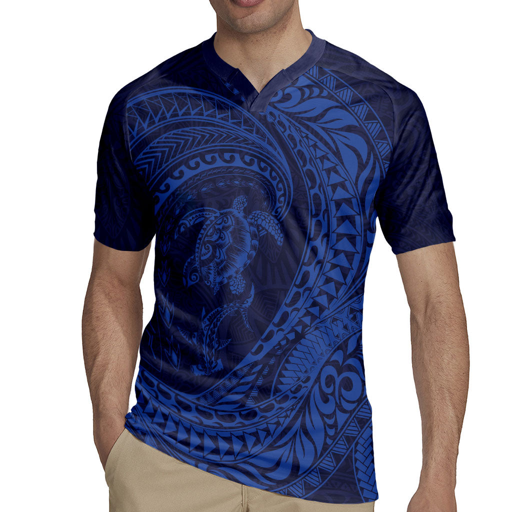 Hawaiian Turtle and Shark Rugby Jersey Kakau Tribal with Polynesian Pattern Blue Color