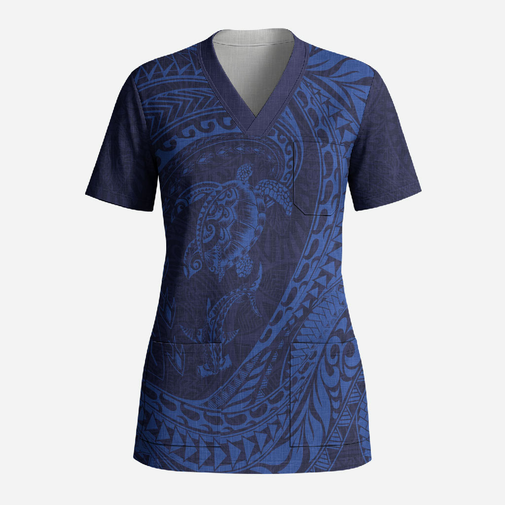 Hawaiian Turtle and Shark Scrub Top Kakau Tribal with Polynesian Pattern Blue Color