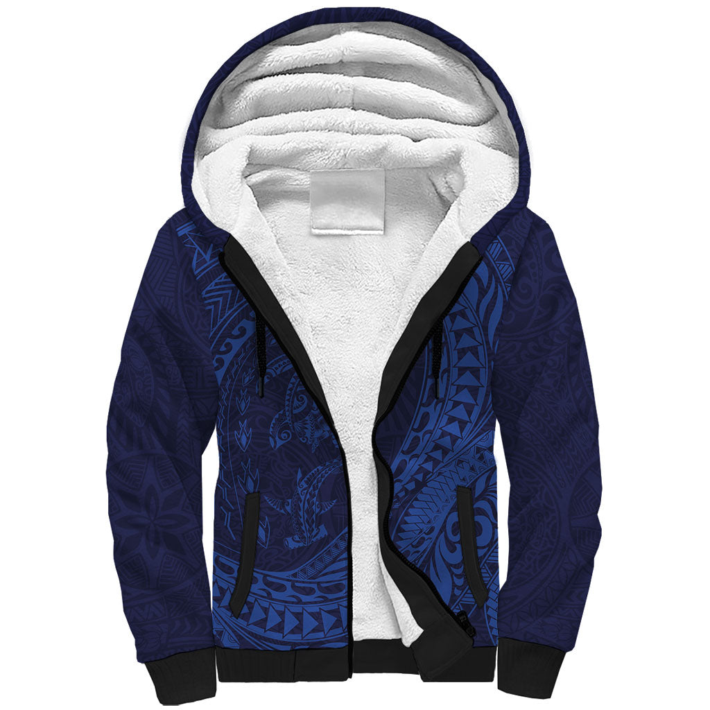 Hawaiian Turtle and Shark Sherpa Hoodie Kakau Tribal with Polynesian Pattern Blue Color