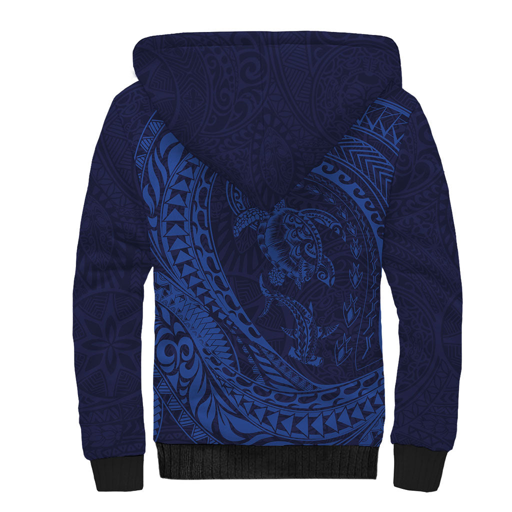 Hawaiian Turtle and Shark Sherpa Hoodie Kakau Tribal with Polynesian Pattern Blue Color
