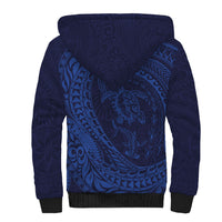 Hawaiian Turtle and Shark Sherpa Hoodie Kakau Tribal with Polynesian Pattern Blue Color