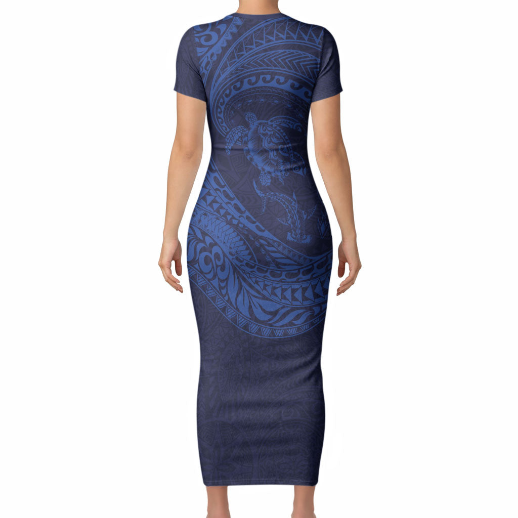 Hawaiian Turtle and Shark Short Sleeve Bodycon Dress Kakau Tribal with Polynesian Pattern Blue Color