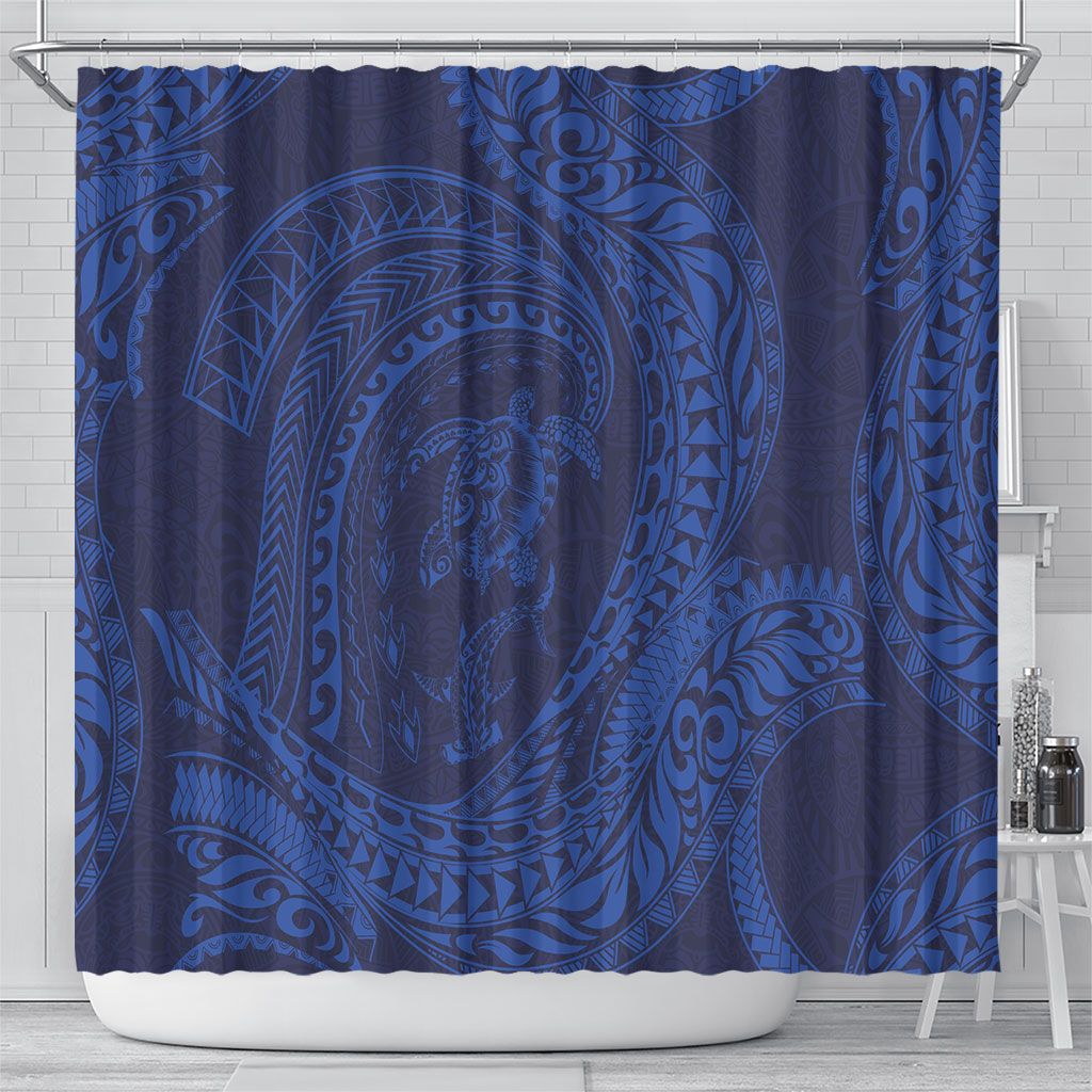 Hawaiian Turtle and Shark Shower Curtain Kakau Tribal with Polynesian Pattern Blue Color
