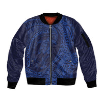 Hawaiian Turtle and Shark Sleeve Zip Bomber Jacket Kakau Tribal with Polynesian Pattern Blue Color