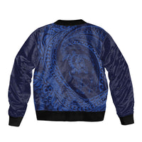 Hawaiian Turtle and Shark Sleeve Zip Bomber Jacket Kakau Tribal with Polynesian Pattern Blue Color