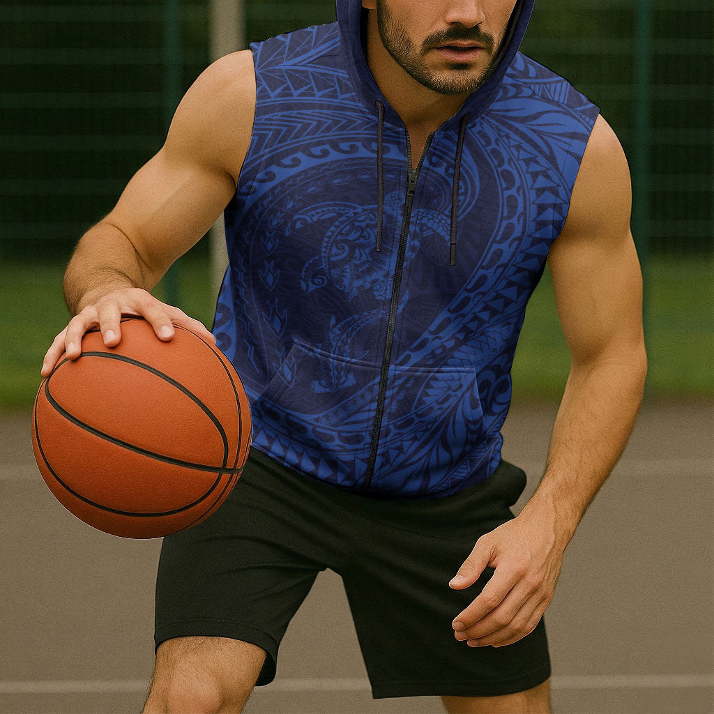 Hawaiian Turtle and Shark Sleeveless Zip Hoodie Kakau Tribal with Polynesian Pattern Blue Color LT03 - Polynesian Pride