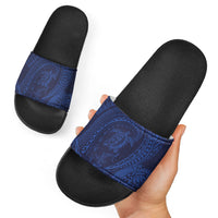 Hawaiian Turtle and Shark Slide Sandals Kakau Tribal with Polynesian Pattern Blue Color
