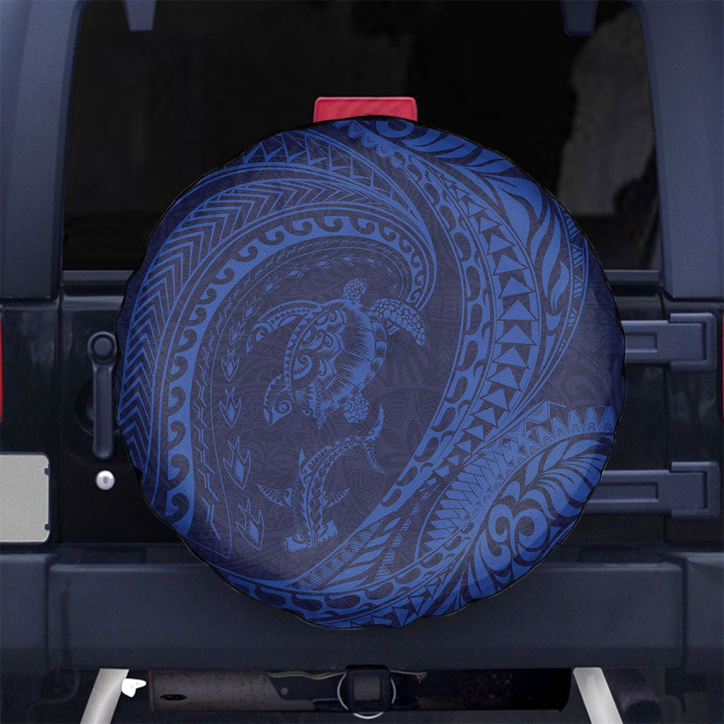 Hawaiian Turtle and Shark Spare Tire Cover Kakau Tribal with Polynesian Pattern Blue Color