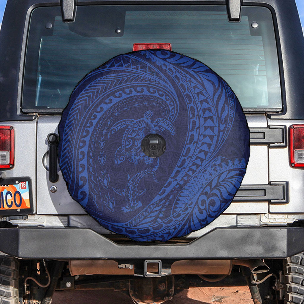 Hawaiian Turtle and Shark Spare Tire Cover Kakau Tribal with Polynesian Pattern Blue Color