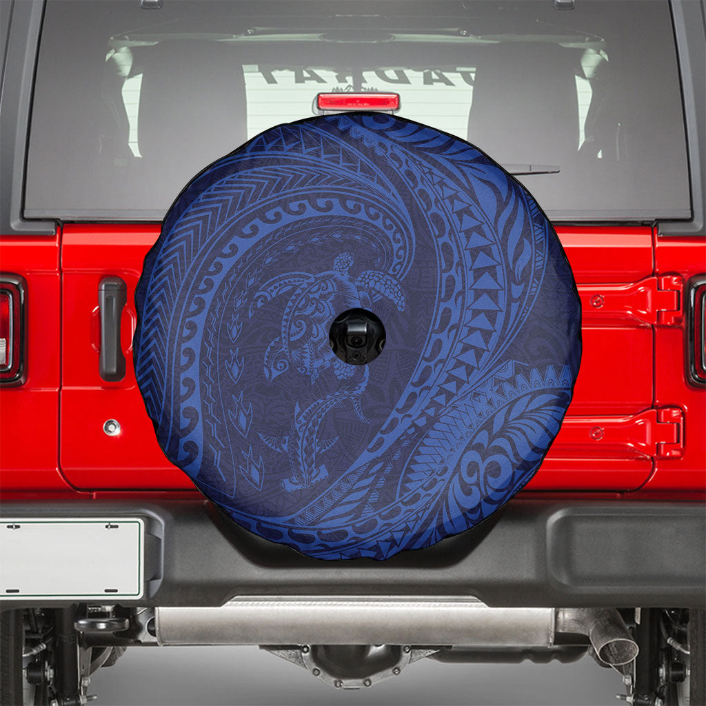 Hawaiian Turtle and Shark Spare Tire Cover Kakau Tribal with Polynesian Pattern Blue Color
