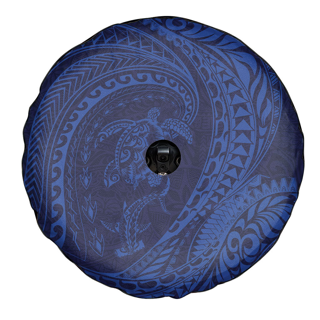 Hawaiian Turtle and Shark Spare Tire Cover Kakau Tribal with Polynesian Pattern Blue Color