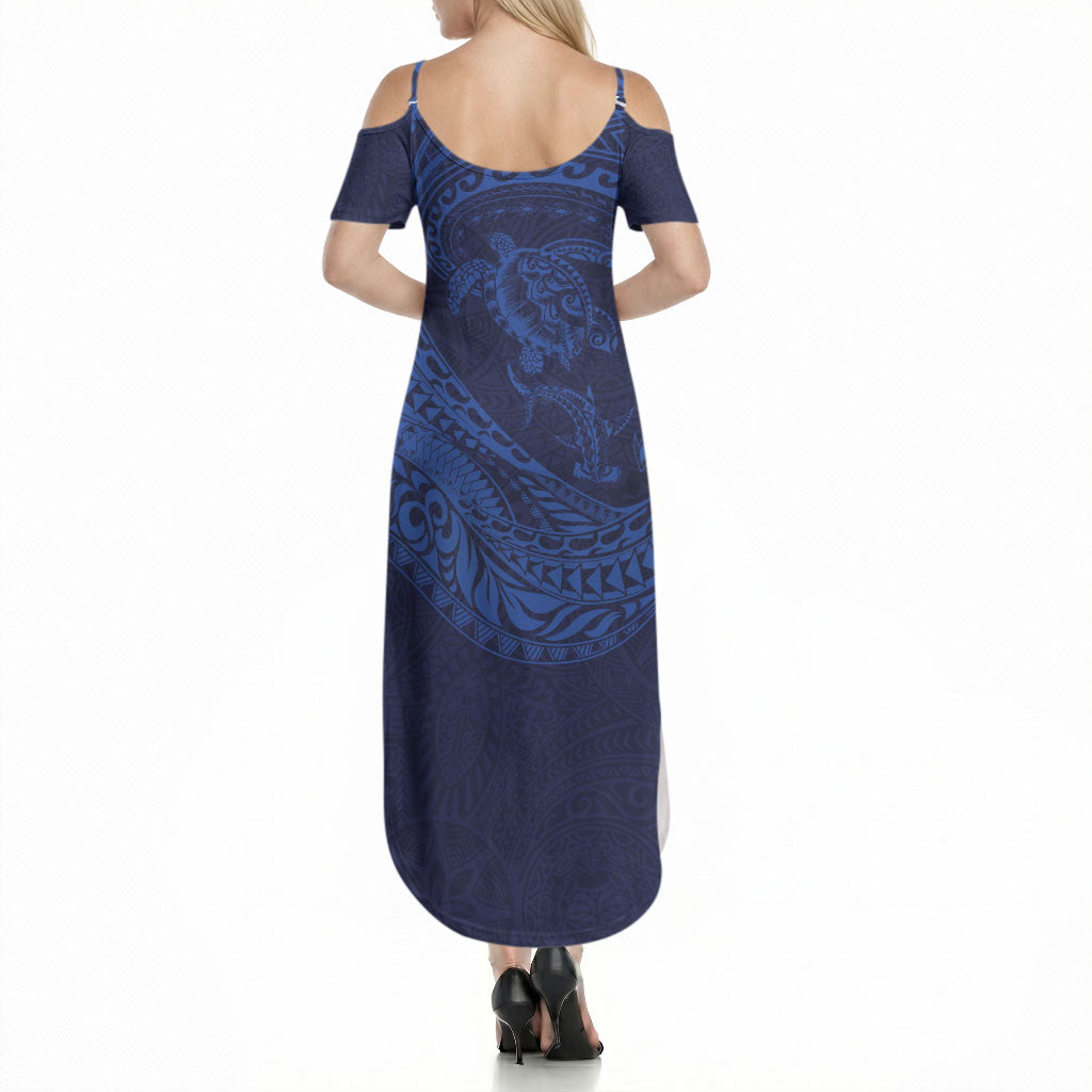 Hawaiian Turtle and Shark Summer Maxi Dress Kakau Tribal with Polynesian Pattern Blue Color