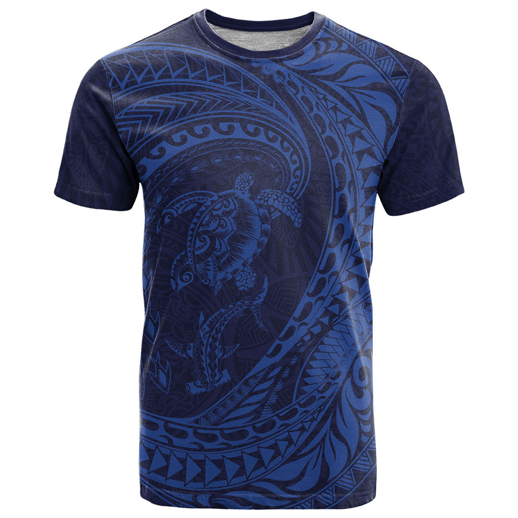 Hawaiian Turtle and Shark T Shirt Kakau Tribal with Polynesian Pattern Blue Color
