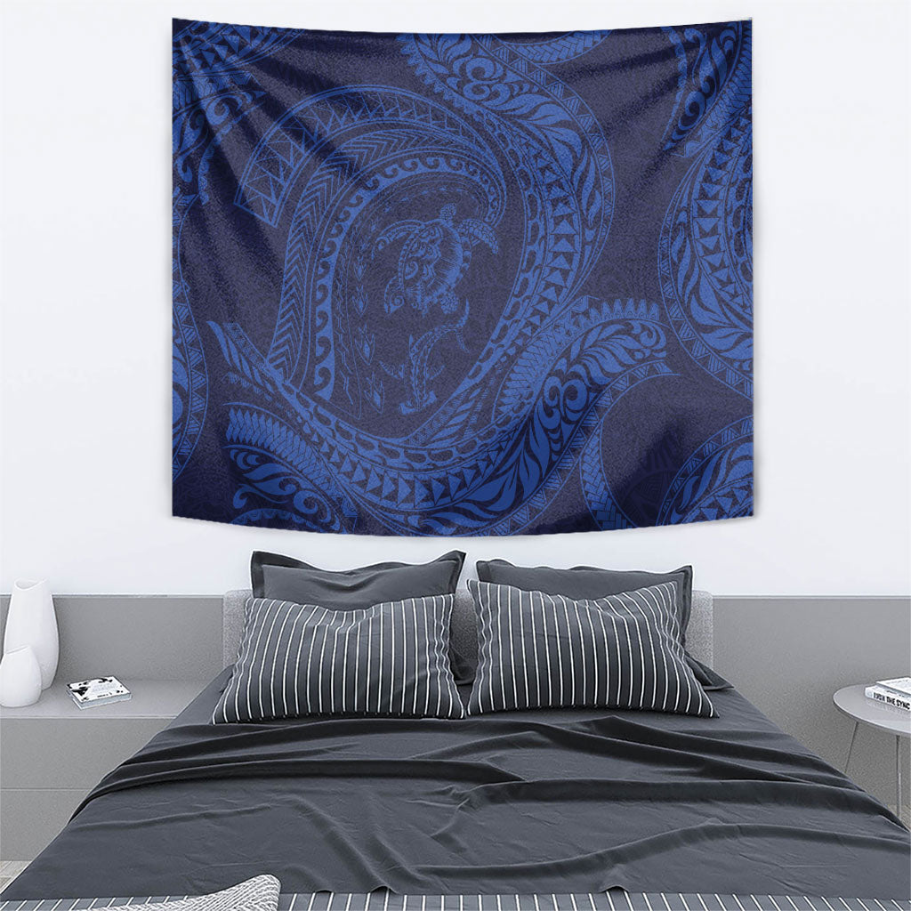 Hawaiian Turtle and Shark Tapestry Kakau Tribal with Polynesian Pattern Blue Color