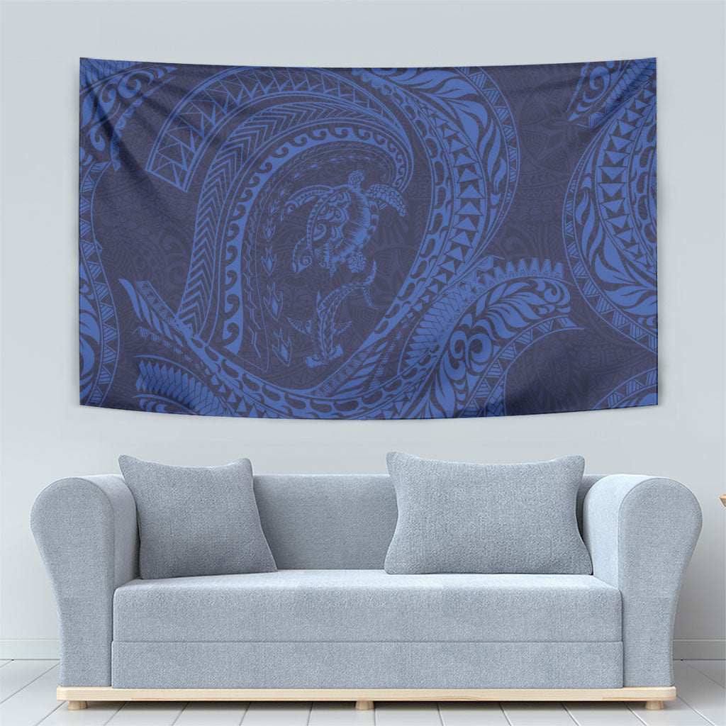 Hawaiian Turtle and Shark Tapestry Kakau Tribal with Polynesian Pattern Blue Color