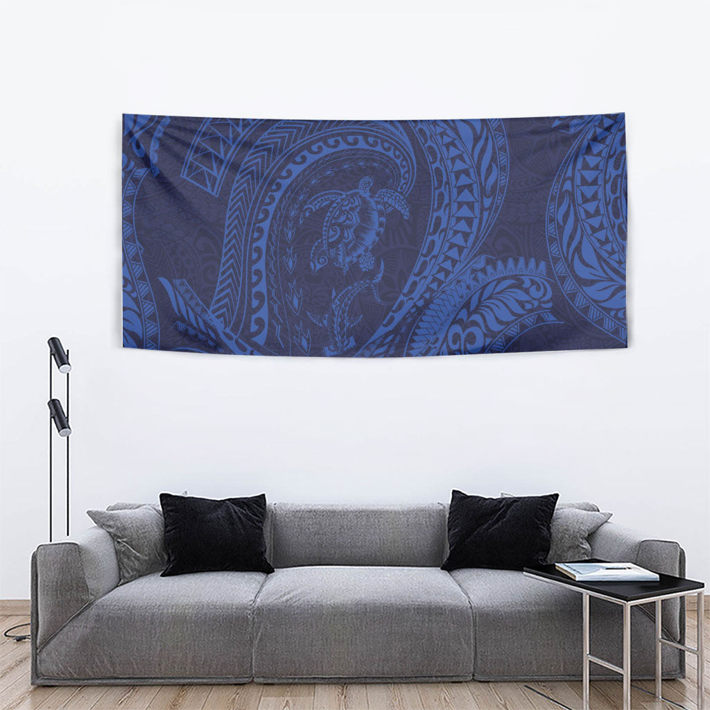Hawaiian Turtle and Shark Tapestry Kakau Tribal with Polynesian Pattern Blue Color