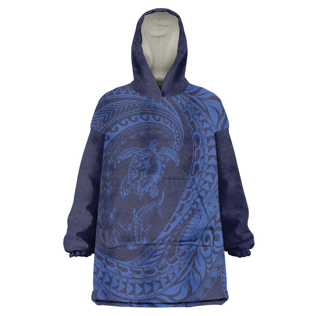 Hawaiian Turtle and Shark Wearable Blanket Hoodie Kakau Tribal with Polynesian Pattern Blue Color
