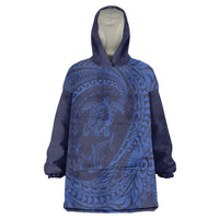 Hawaiian Turtle and Shark Wearable Blanket Hoodie Kakau Tribal with Polynesian Pattern Blue Color