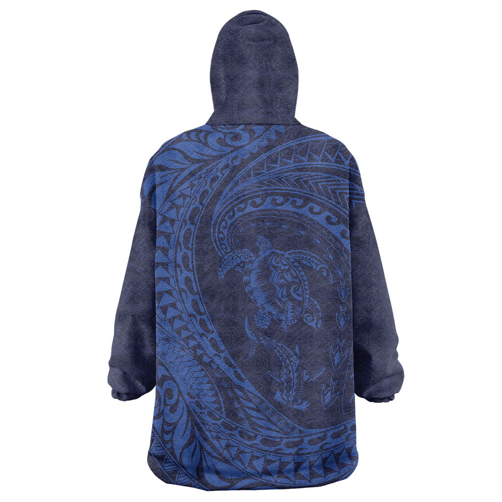 Hawaiian Turtle and Shark Wearable Blanket Hoodie Kakau Tribal with Polynesian Pattern Blue Color
